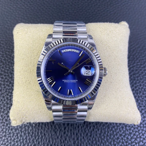 RLX Day-Date 40 in 18k white gold with a blue dial and fluted bezel