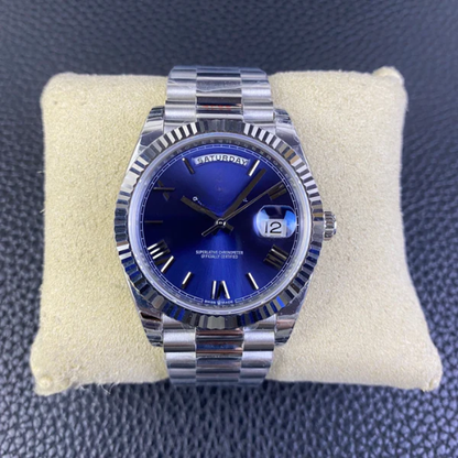 RLX Day-Date 40 in 18k white gold with a blue dial and fluted bezel