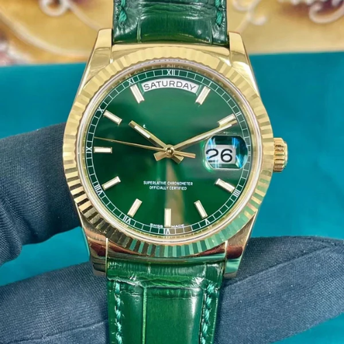 RLX Day-Date, ref. 118138, yellow gold with green leather strap